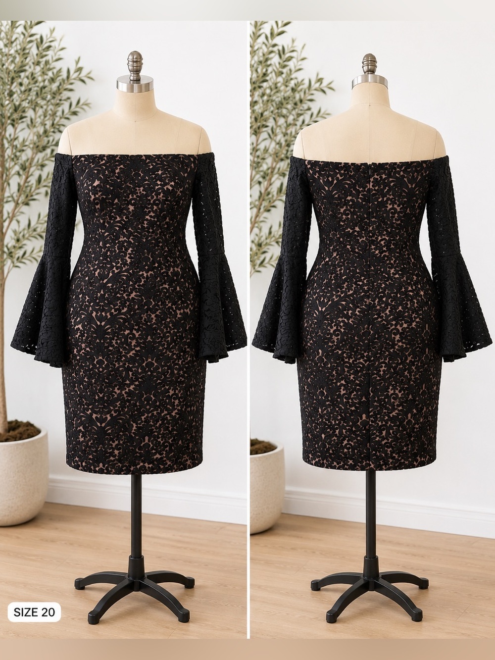 Xscape Women’s 20W Black Nude Lace Off Shoulder Bell Sleeve Cocktail Dress